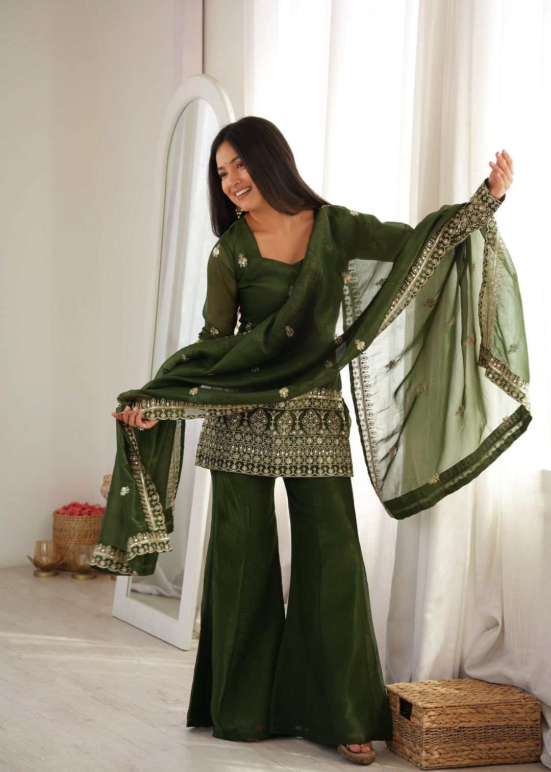 Emerald Green Crunchy Silk Embroidered Kurta Set with Bell Bottom Pants & Embellished Dupatta