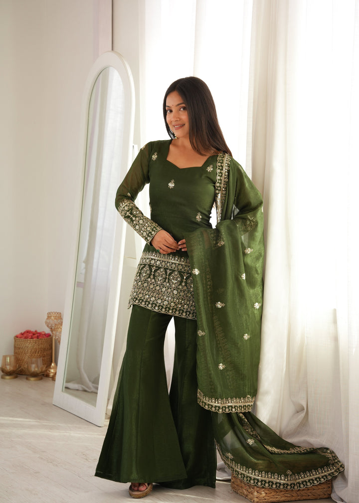 Emerald Green Crunchy Silk Embroidered Kurta Set with Bell Bottom Pants & Embellished Dupatta