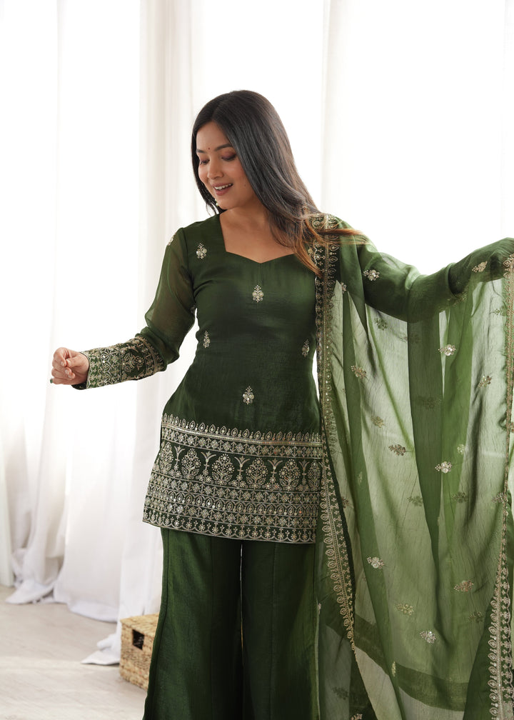 Emerald Green Crunchy Silk Embroidered Kurta Set with Bell Bottom Pants & Embellished Dupatta