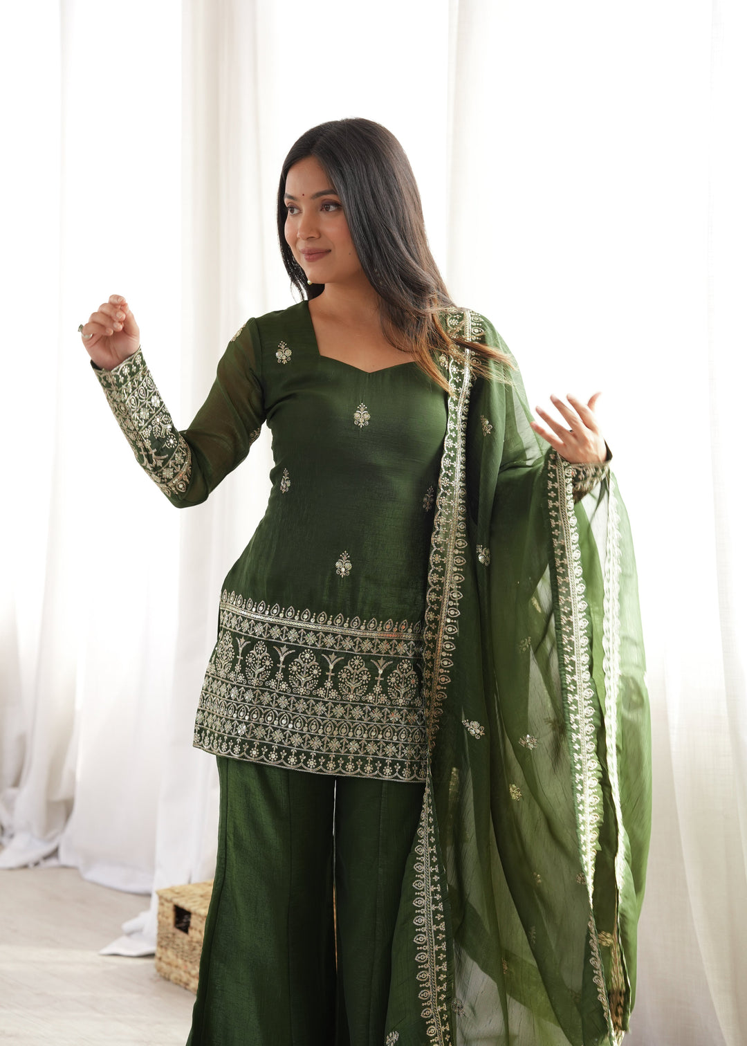 Emerald Green Crunchy Silk Embroidered Kurta Set with Bell Bottom Pants & Embellished Dupatta