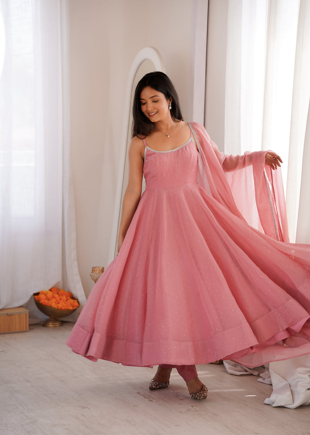 Blush Pink Crunchy Silk Flared Anarkali Suit Set with Swarovski Work & Designer Dupatta