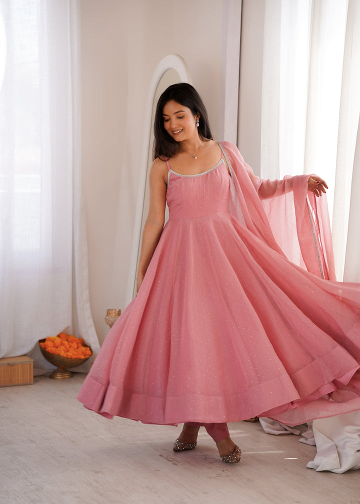 Blush Pink Crunchy Silk Flared Anarkali Suit Set with Swarovski Work & Designer Dupatta
