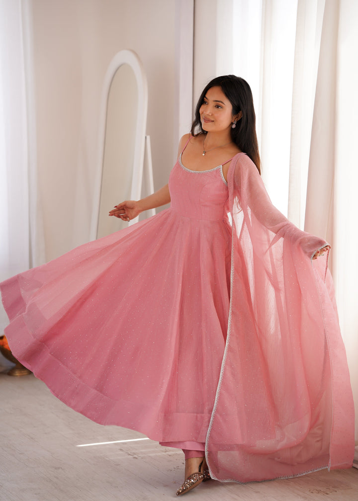Blush Pink Crunchy Silk Flared Anarkali Suit Set with Swarovski Work & Designer Dupatta