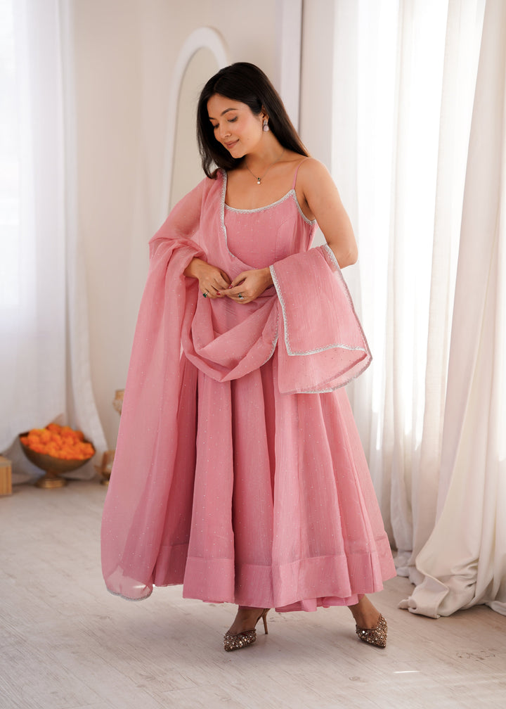 Blush Pink Crunchy Silk Flared Anarkali Suit Set with Swarovski Work & Designer Dupatta
