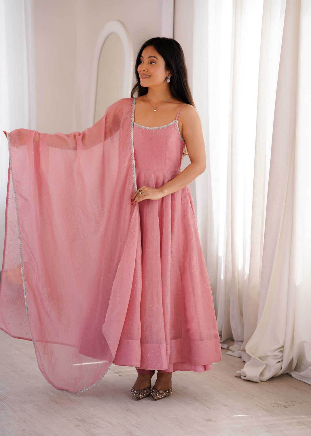 Blush Pink Crunchy Silk Flared Anarkali Suit Set with Swarovski Work & Designer Dupatta