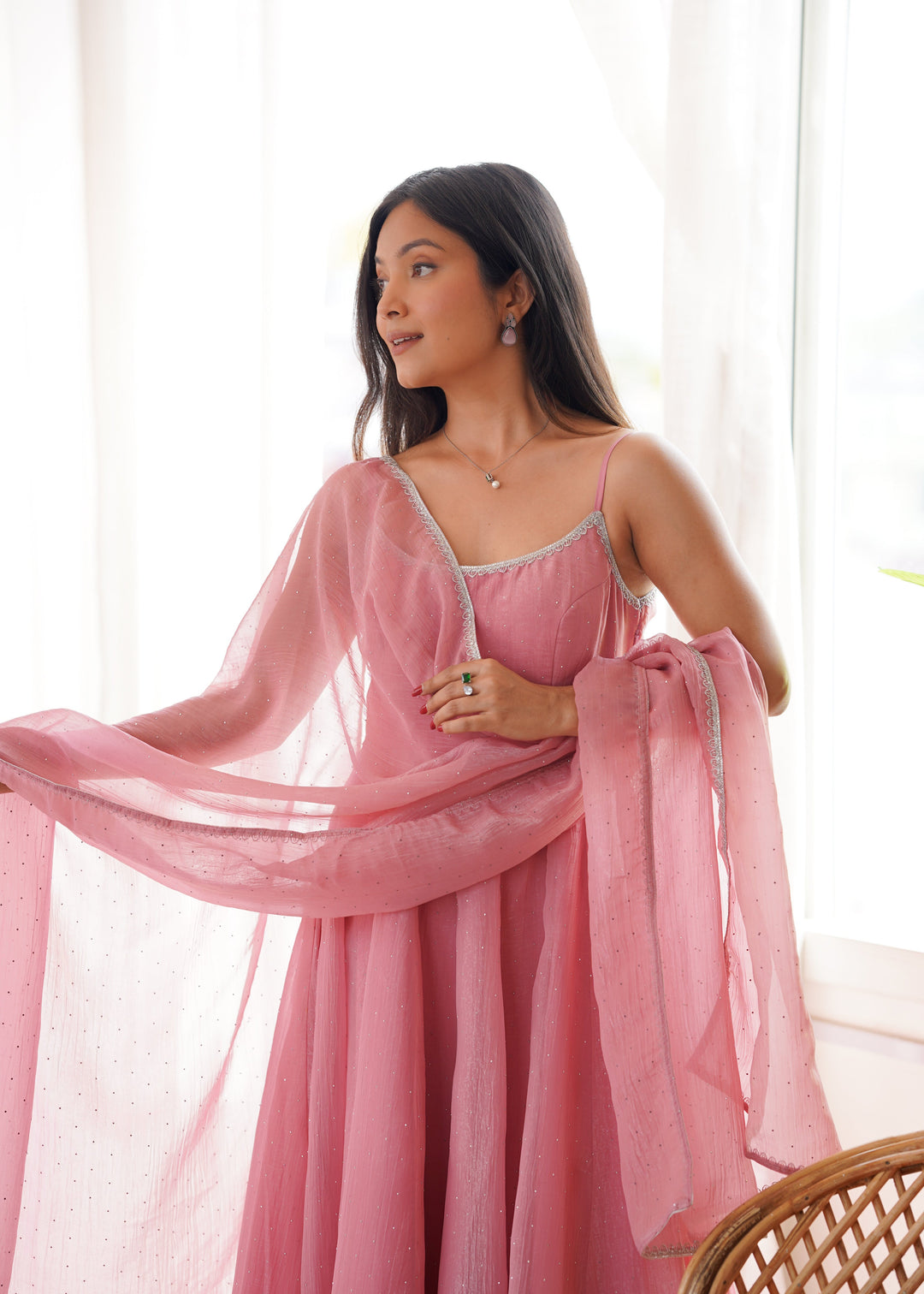 Blush Pink Crunchy Silk Flared Anarkali Suit Set with Swarovski Work & Designer Dupatta