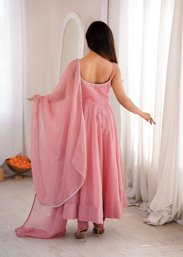 Blush Pink Crunchy Silk Flared Anarkali Suit Set with Swarovski Work & Designer Dupatta