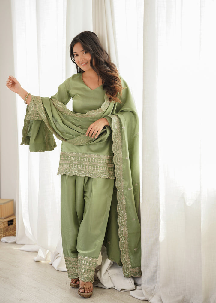 Sage Green Glass Roman Silk Embroidered Kurta Set with Farshi Shalwar & Designer Dupatta