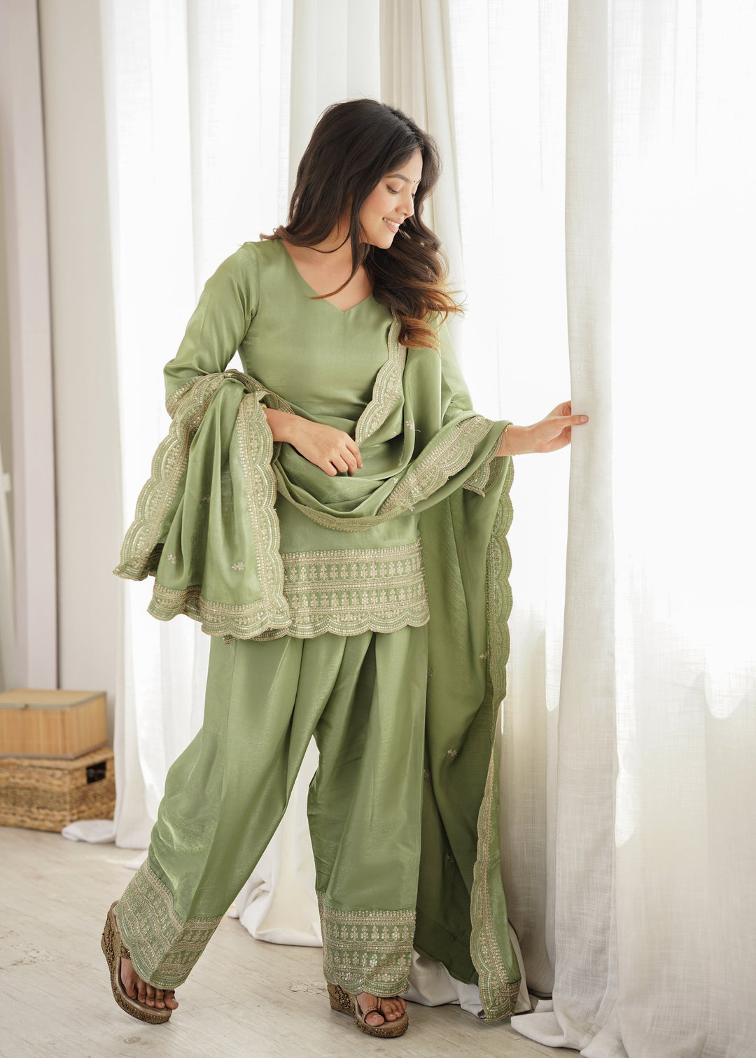Sage Green Glass Roman Silk Embroidered Kurta Set with Farshi Shalwar & Designer Dupatta