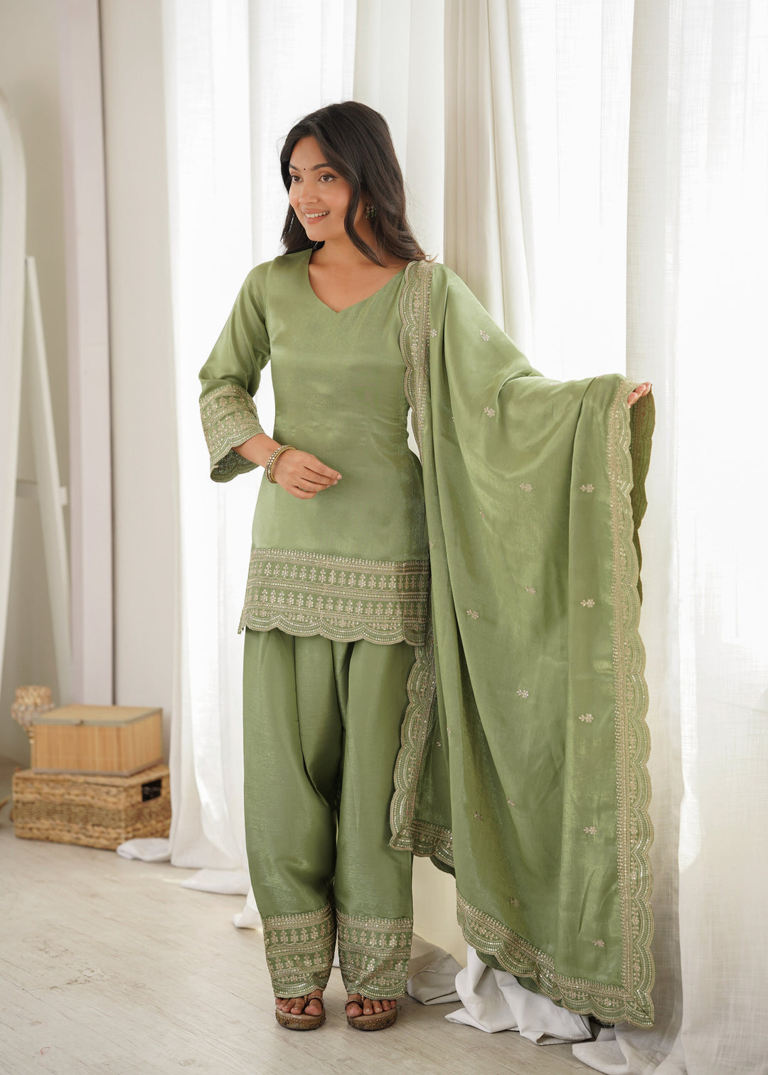 Sage Green Glass Roman Silk Embroidered Kurta Set with Farshi Shalwar & Designer Dupatta