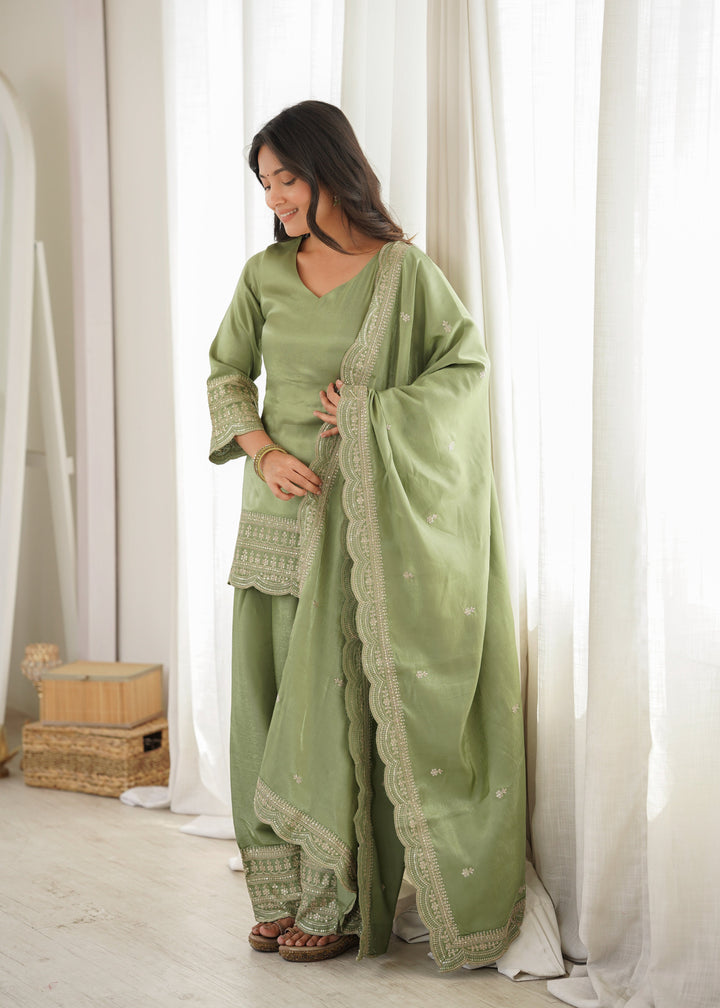 Sage Green Glass Roman Silk Embroidered Kurta Set with Farshi Shalwar & Designer Dupatta