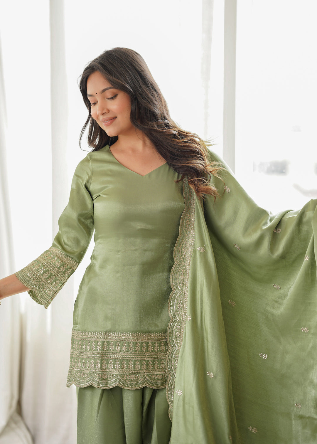 Sage Green Glass Roman Silk Embroidered Kurta Set with Farshi Shalwar & Designer Dupatta