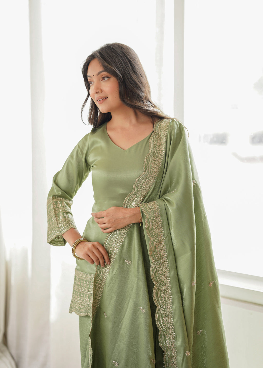 Sage Green Glass Roman Silk Embroidered Kurta Set with Farshi Shalwar & Designer Dupatta