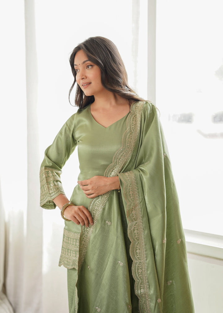 Sage Green Glass Roman Silk Embroidered Kurta Set with Farshi Shalwar & Designer Dupatta