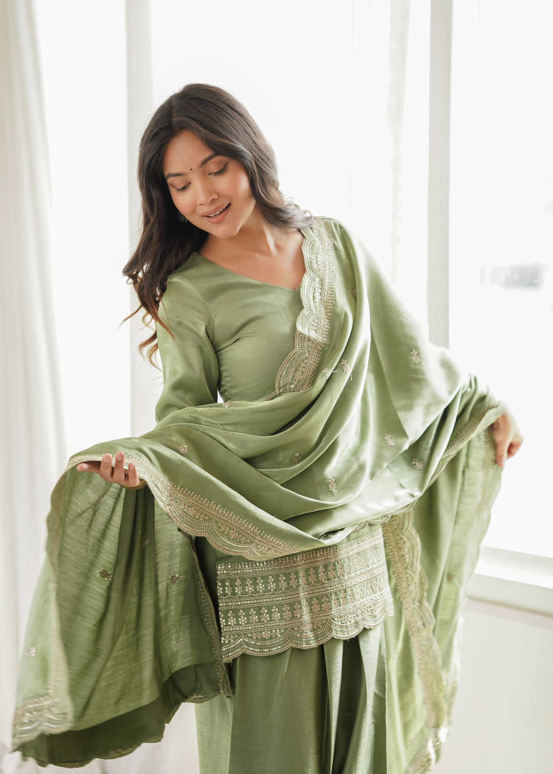 Sage Green Glass Roman Silk Embroidered Kurta Set with Farshi Shalwar & Designer Dupatta