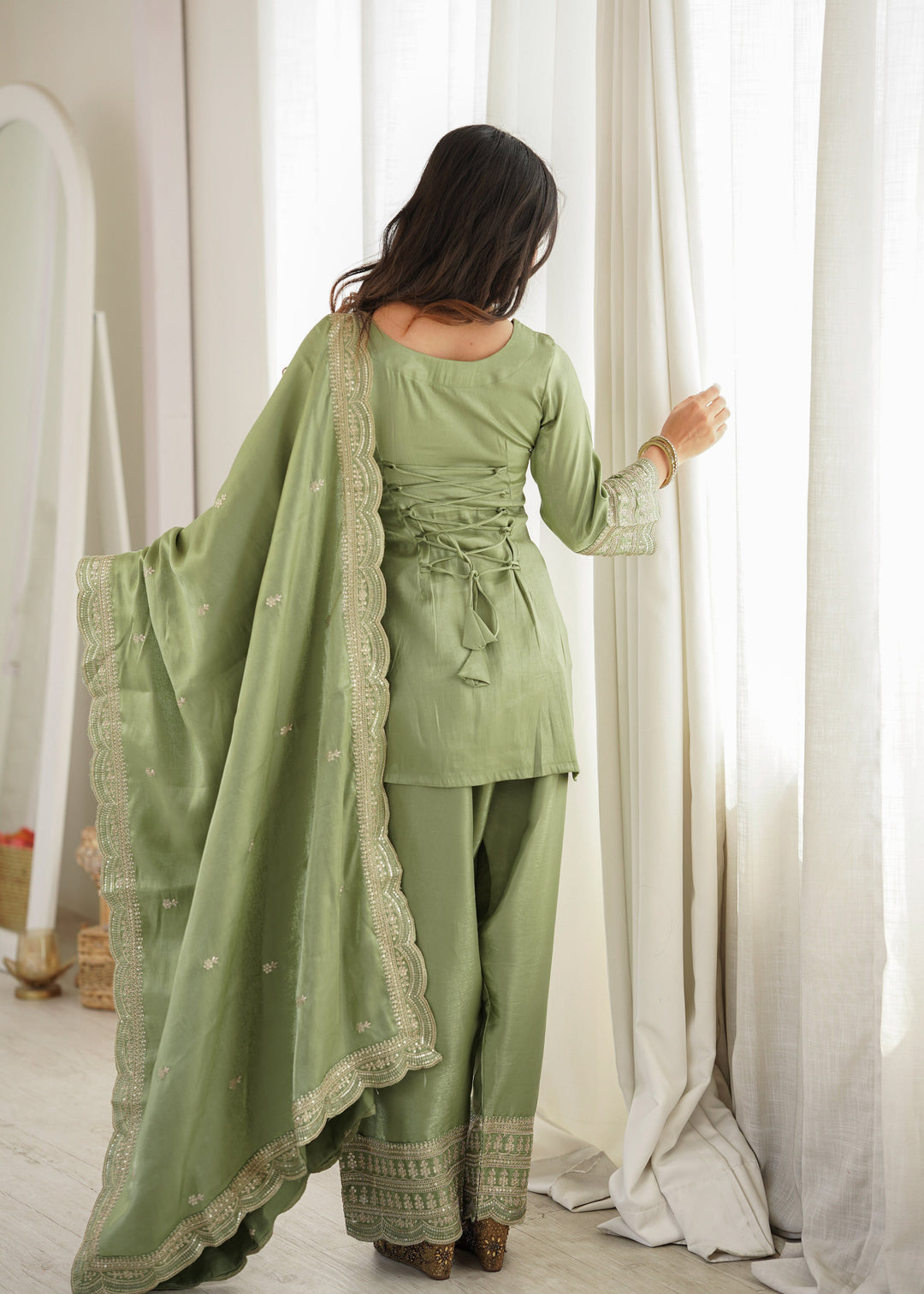 Sage Green Glass Roman Silk Embroidered Kurta Set with Farshi Shalwar & Designer Dupatta