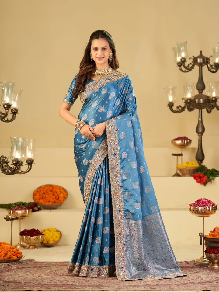 Sky Blue Banarasi Silk Saree with Heavy Embroidered Border & Rich Zari Woven Pallu | Designer Wedding Festive Saree