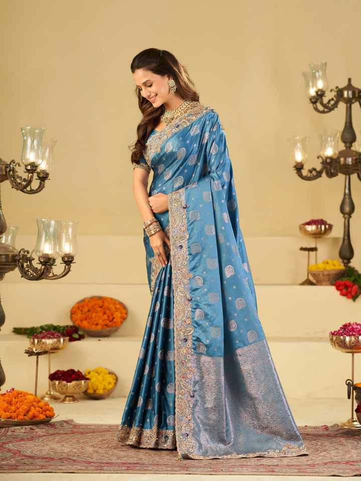 Sky Blue Banarasi Silk Saree with Heavy Embroidered Border & Rich Zari Woven Pallu | Designer Wedding Festive Saree