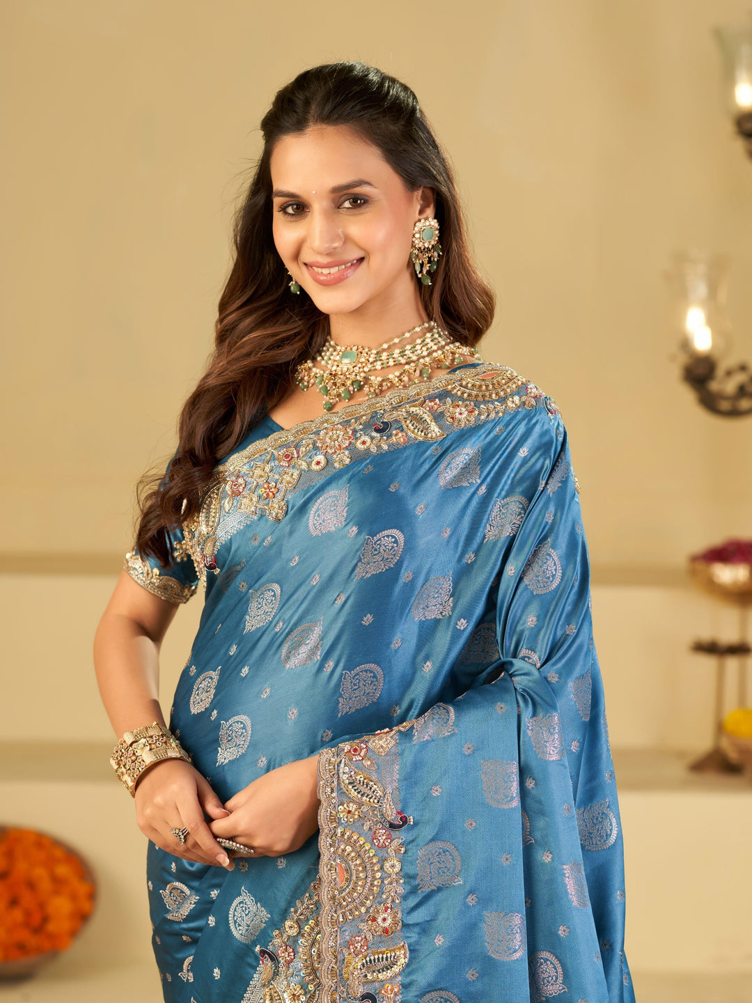 Sky Blue Banarasi Silk Saree with Heavy Embroidered Border & Rich Zari Woven Pallu | Designer Wedding Festive Saree