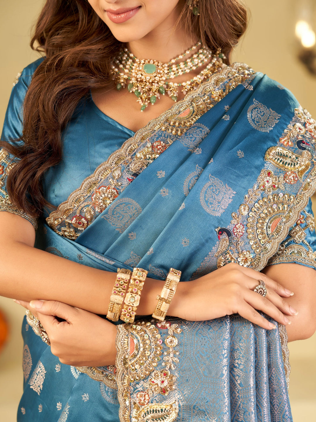Sky Blue Banarasi Silk Saree with Heavy Embroidered Border & Rich Zari Woven Pallu | Designer Wedding Festive Saree