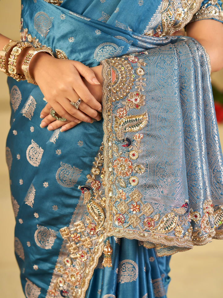 Sky Blue Banarasi Silk Saree with Heavy Embroidered Border & Rich Zari Woven Pallu | Designer Wedding Festive Saree