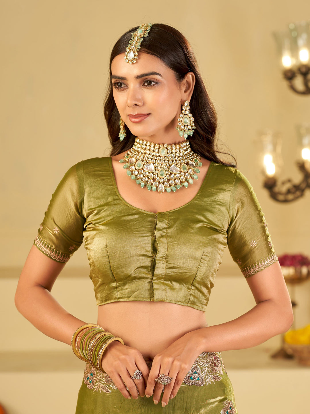 Olive Green Designer Fendy Satin Saree with Heavy Embroidered Border | Elegant Festive Party Wear Saree with Intricate Embroidery & Matching Blouse