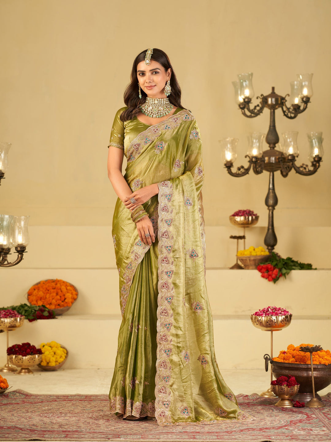 Olive Green Designer Fendy Satin Saree with Heavy Embroidered Border | Elegant Festive Party Wear Saree with Intricate Embroidery & Matching Blouse
