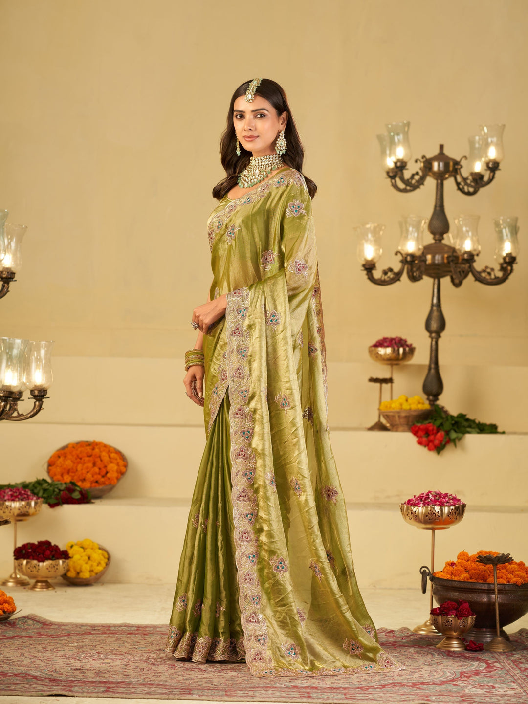 Olive Green Designer Fendy Satin Saree with Heavy Embroidered Border | Elegant Festive Party Wear Saree with Intricate Embroidery & Matching Blouse