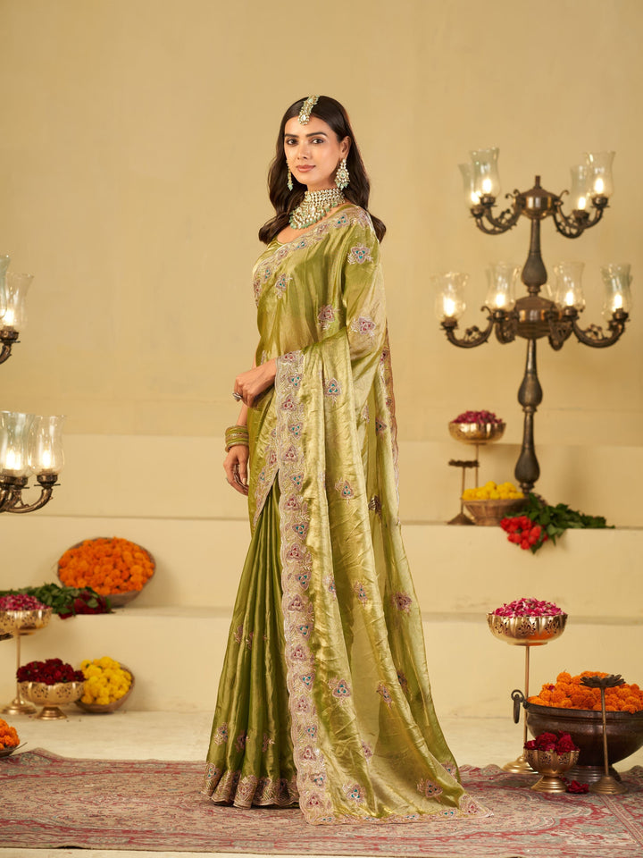 Olive Green Designer Fendy Satin Saree with Heavy Embroidered Border | Elegant Festive Party Wear Saree with Intricate Embroidery & Matching Blouse