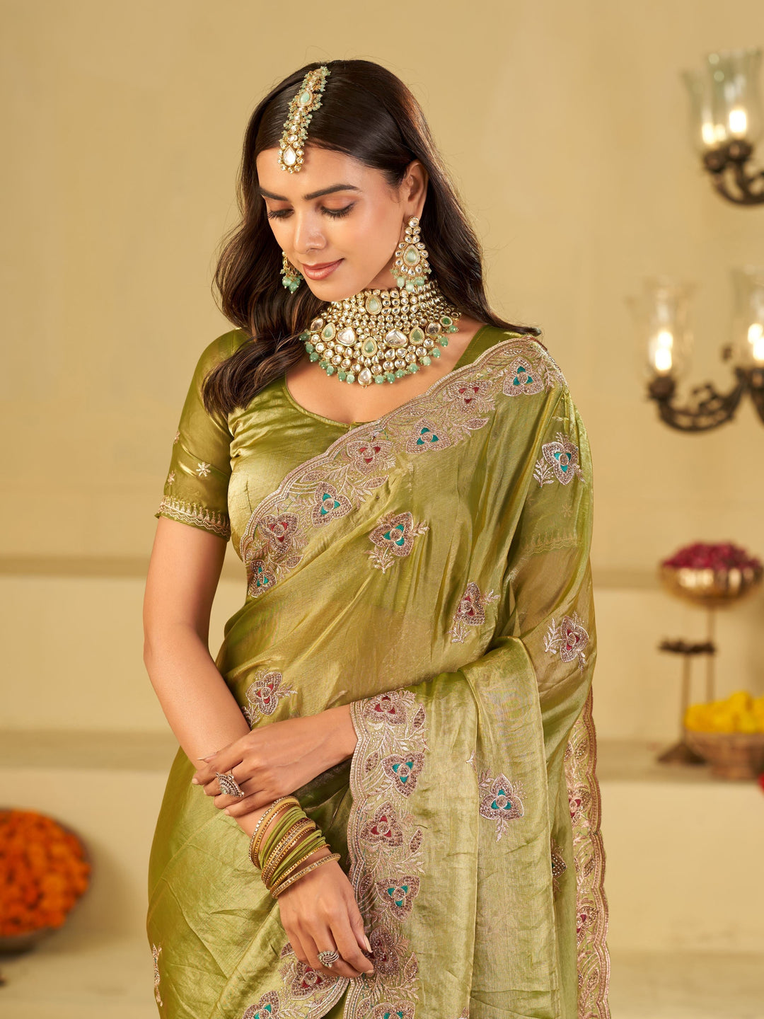 Olive Green Designer Fendy Satin Saree with Heavy Embroidered Border | Elegant Festive Party Wear Saree with Intricate Embroidery & Matching Blouse
