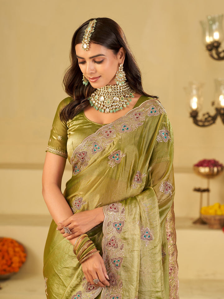 Olive Green Designer Fendy Satin Saree with Heavy Embroidered Border | Elegant Festive Party Wear Saree with Intricate Embroidery & Matching Blouse