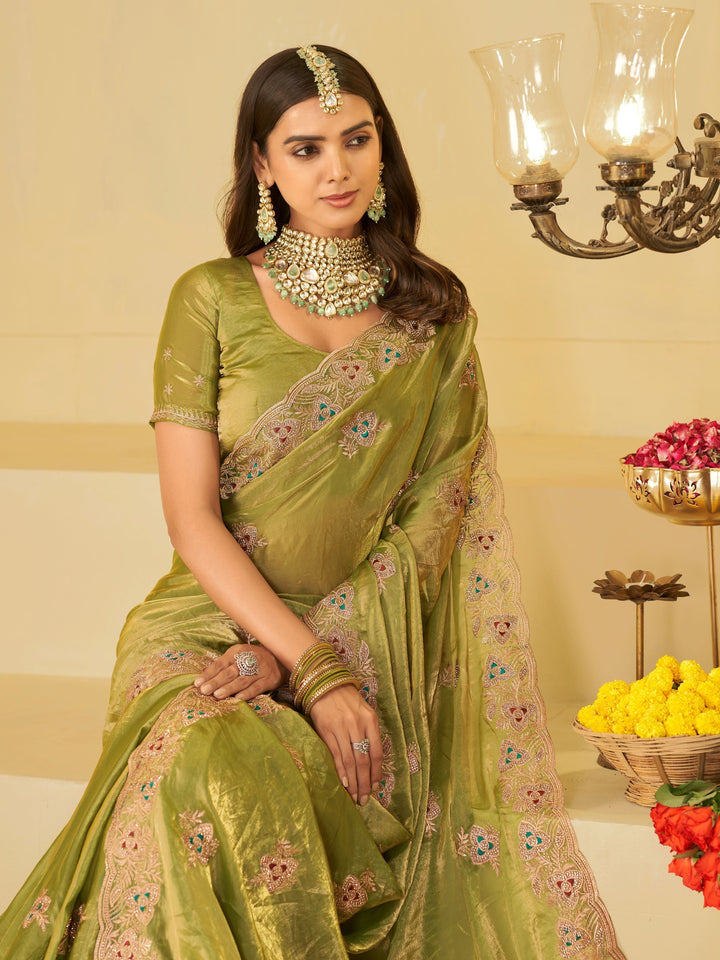 Olive Green Designer Fendy Satin Saree with Heavy Embroidered Border | Elegant Festive Party Wear Saree with Intricate Embroidery & Matching Blouse