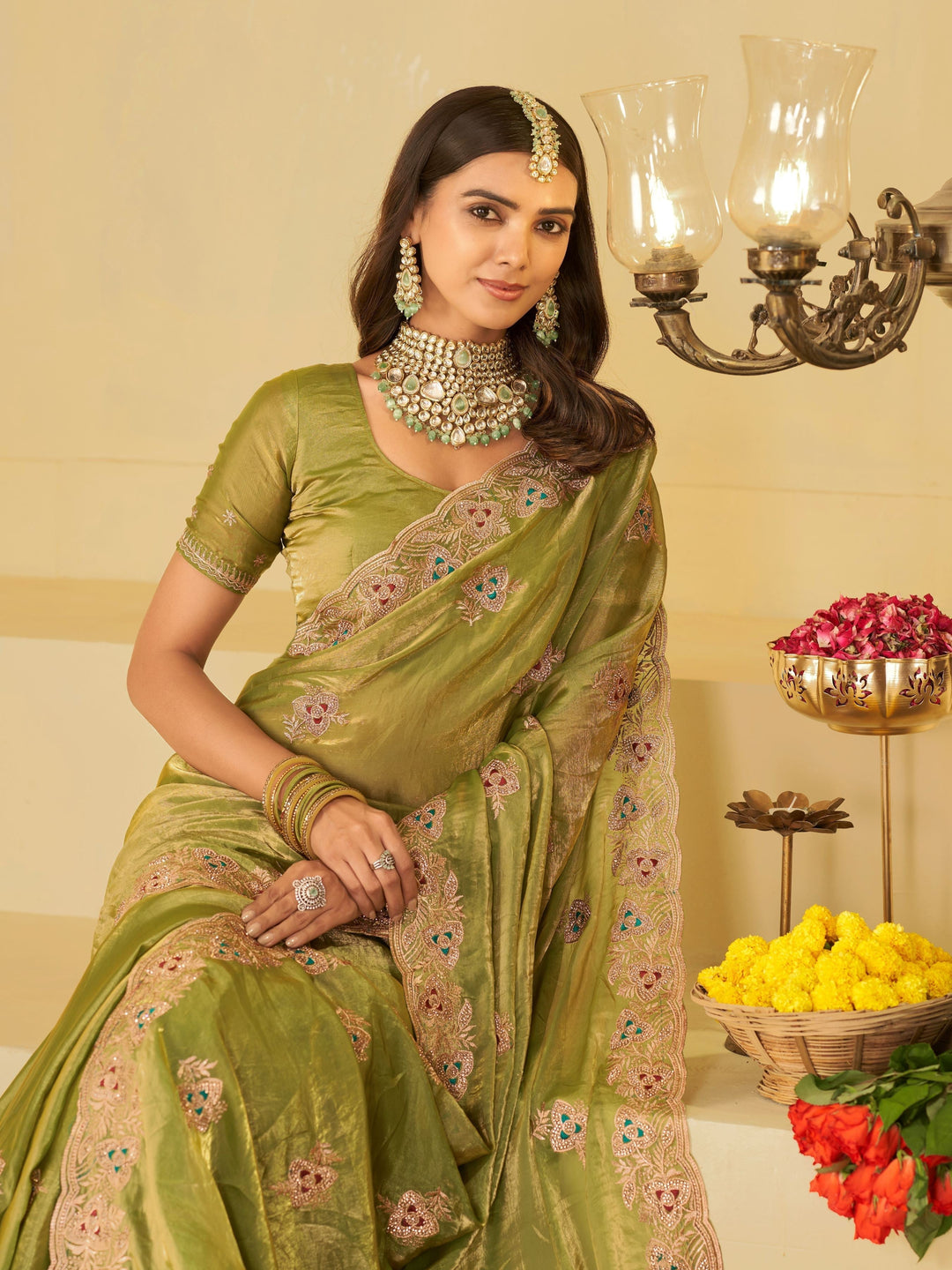 Olive Green Designer Fendy Satin Saree with Heavy Embroidered Border | Elegant Festive Party Wear Saree with Intricate Embroidery & Matching Blouse