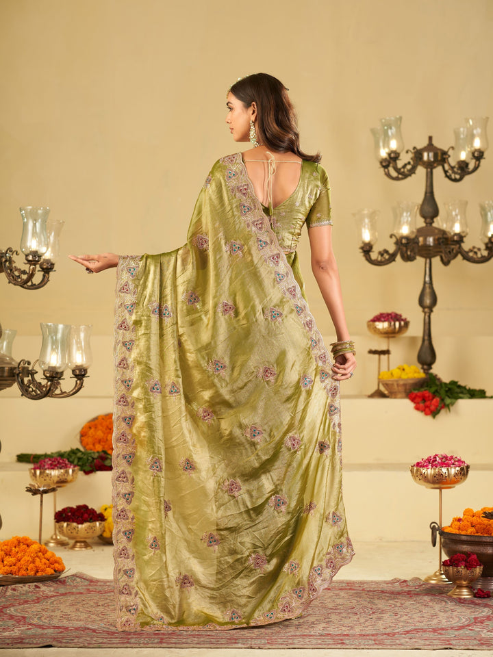 Olive Green Designer Fendy Satin Saree with Heavy Embroidered Border | Elegant Festive Party Wear Saree with Intricate Embroidery & Matching Blouse