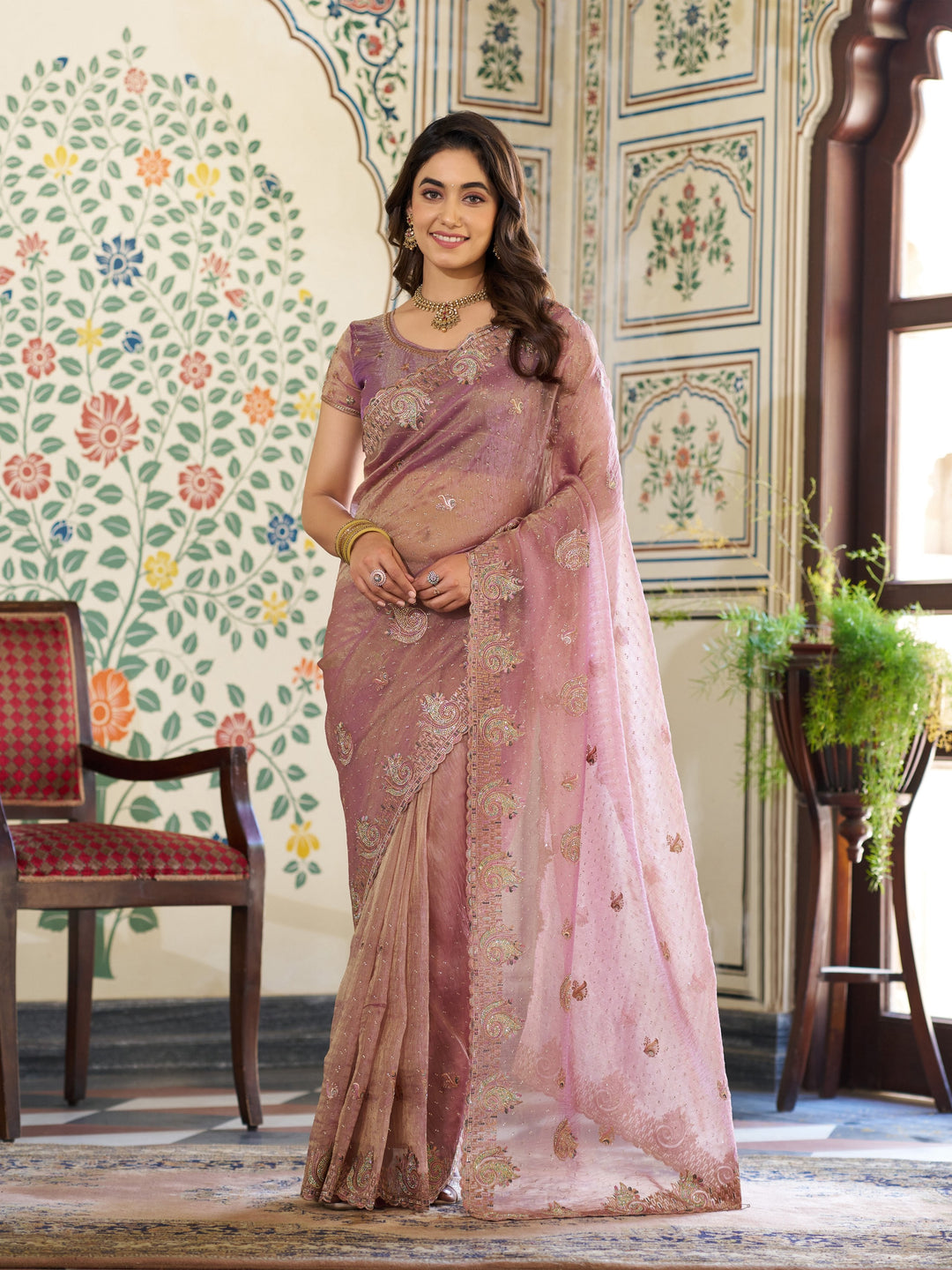 Blush Pink Fendy Satin Embroidered Saree with Paisley Motifs & Zari Border | Designer Festive Saree with Tassels & Heavy Embroidered Blouse