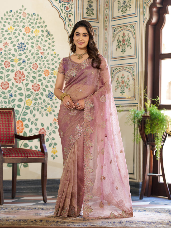 Blush Pink Fendy Satin Embroidered Saree with Paisley Motifs & Zari Border | Designer Festive Saree with Tassels & Heavy Embroidered Blouse