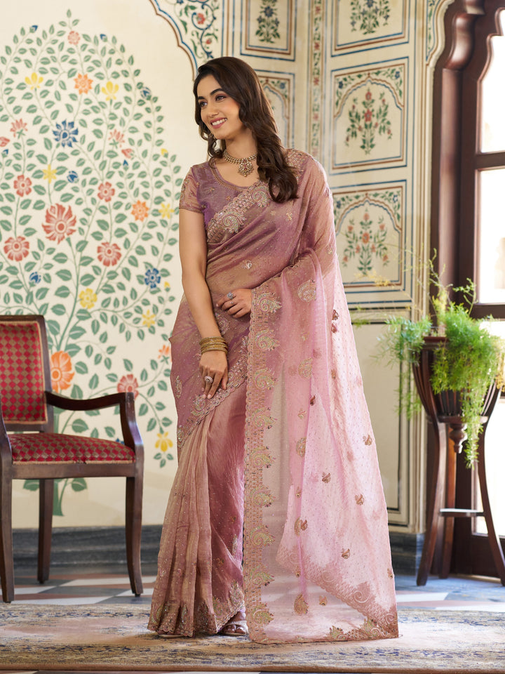 Blush Pink Fendy Satin Embroidered Saree with Paisley Motifs & Zari Border | Designer Festive Saree with Tassels & Heavy Embroidered Blouse