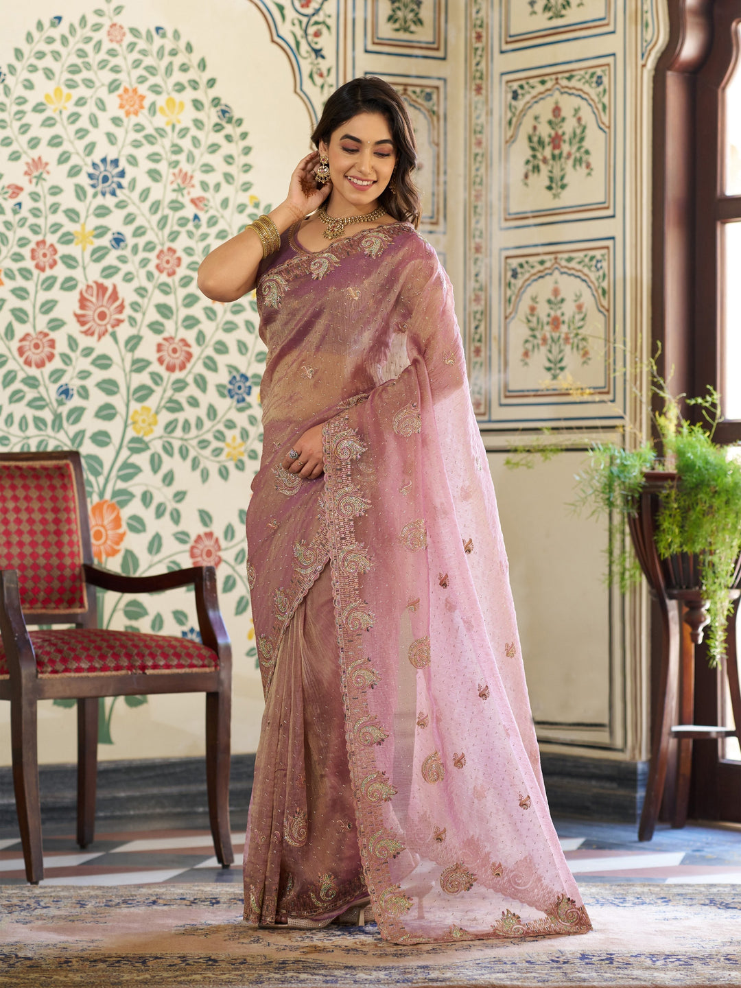 Blush Pink Fendy Satin Embroidered Saree with Paisley Motifs & Zari Border | Designer Festive Saree with Tassels & Heavy Embroidered Blouse