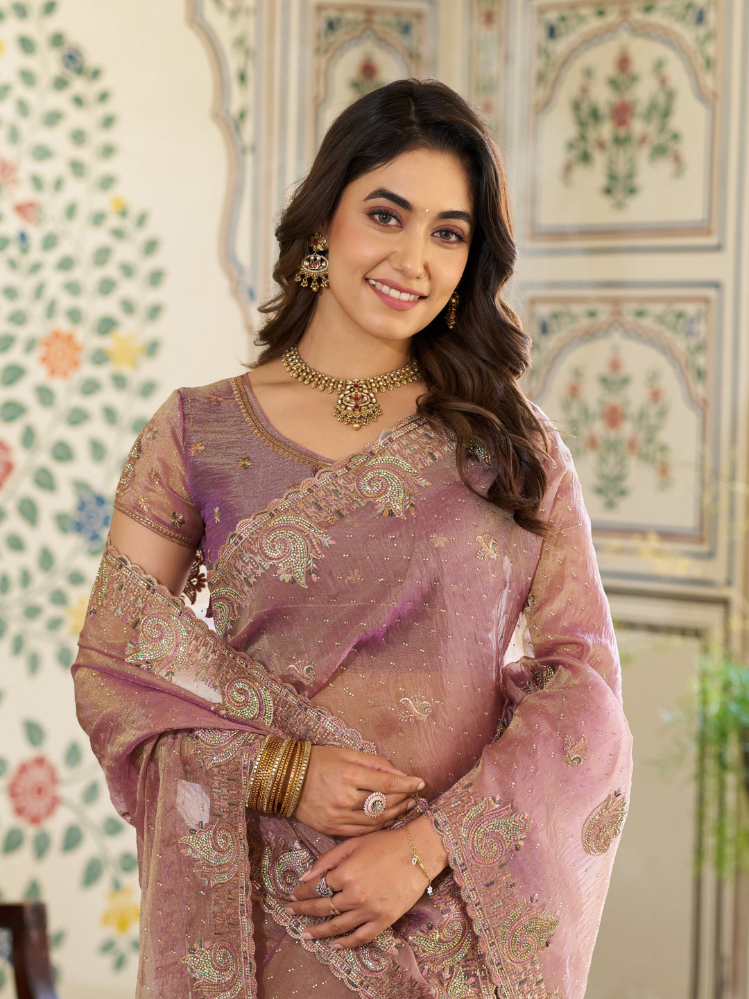 Blush Pink Fendy Satin Embroidered Saree with Paisley Motifs & Zari Border | Designer Festive Saree with Tassels & Heavy Embroidered Blouse