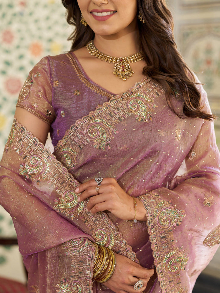 Blush Pink Fendy Satin Embroidered Saree with Paisley Motifs & Zari Border | Designer Festive Saree with Tassels & Heavy Embroidered Blouse