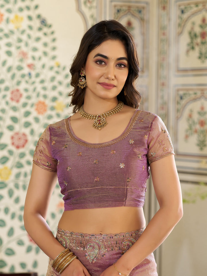 Blush Pink Fendy Satin Embroidered Saree with Paisley Motifs & Zari Border | Designer Festive Saree with Tassels & Heavy Embroidered Blouse
