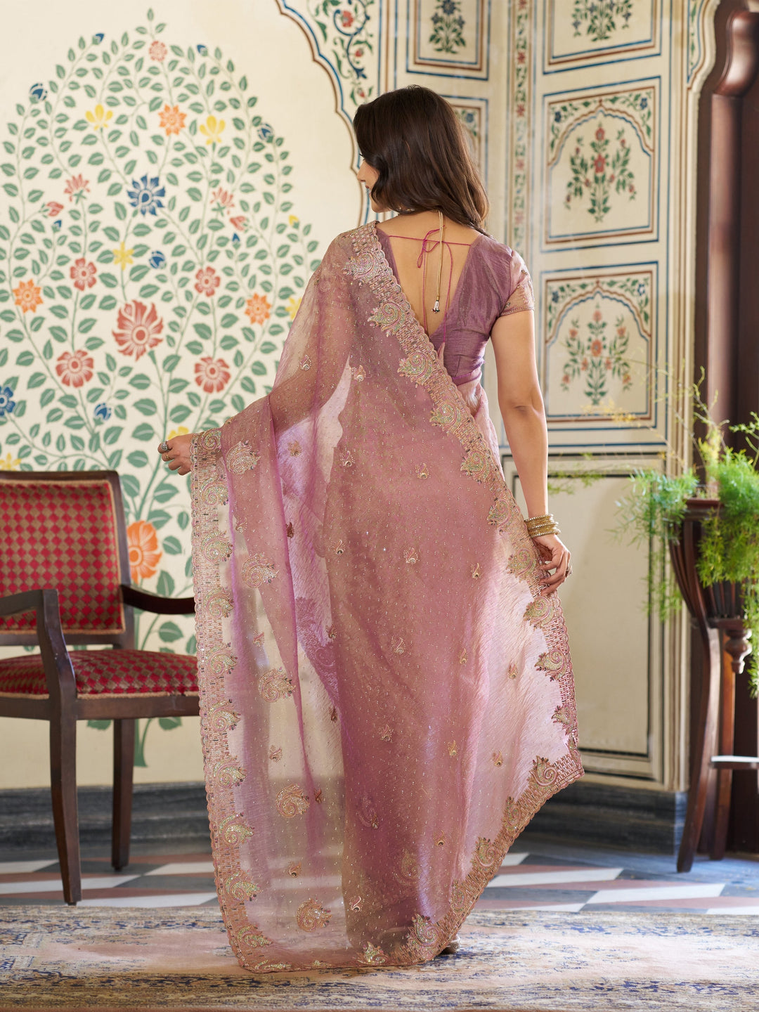 Blush Pink Fendy Satin Embroidered Saree with Paisley Motifs & Zari Border | Designer Festive Saree with Tassels & Heavy Embroidered Blouse