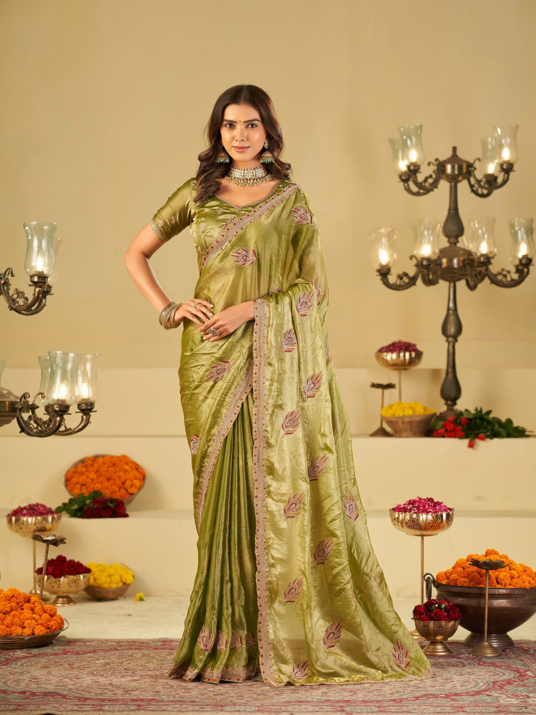 Olive Green Designer Fendy Satin Saree with Embroidered Leaf Motifs & Elegant Lace Border | Premium Festive Party Wear Saree with Matching Blouse