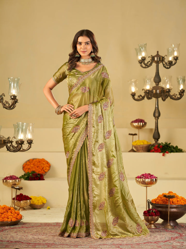 Olive Green Designer Fendy Satin Saree with Embroidered Leaf Motifs & Elegant Lace Border | Premium Festive Party Wear Saree with Matching Blouse