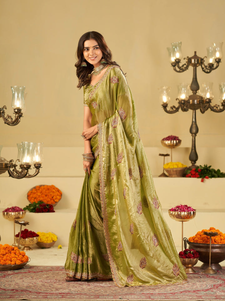 Olive Green Designer Fendy Satin Saree with Embroidered Leaf Motifs & Elegant Lace Border | Premium Festive Party Wear Saree with Matching Blouse