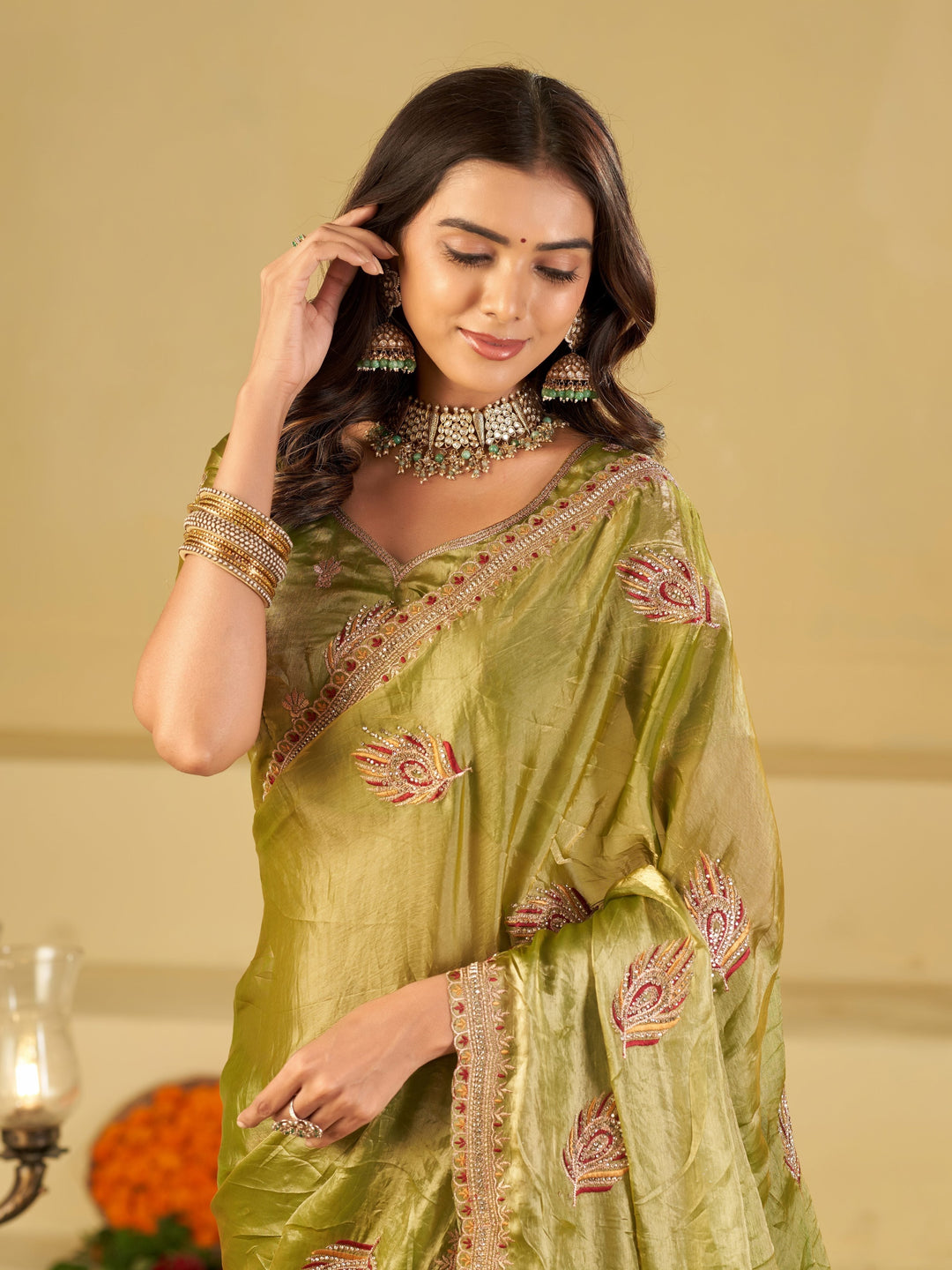 Olive Green Designer Fendy Satin Saree with Embroidered Leaf Motifs & Elegant Lace Border | Premium Festive Party Wear Saree with Matching Blouse