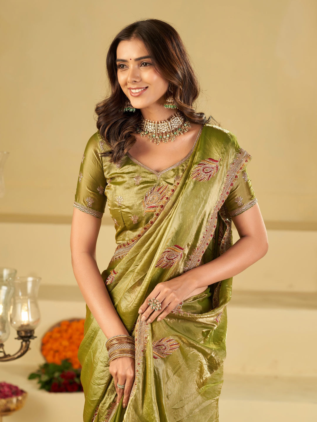 Olive Green Designer Fendy Satin Saree with Embroidered Leaf Motifs & Elegant Lace Border | Premium Festive Party Wear Saree with Matching Blouse