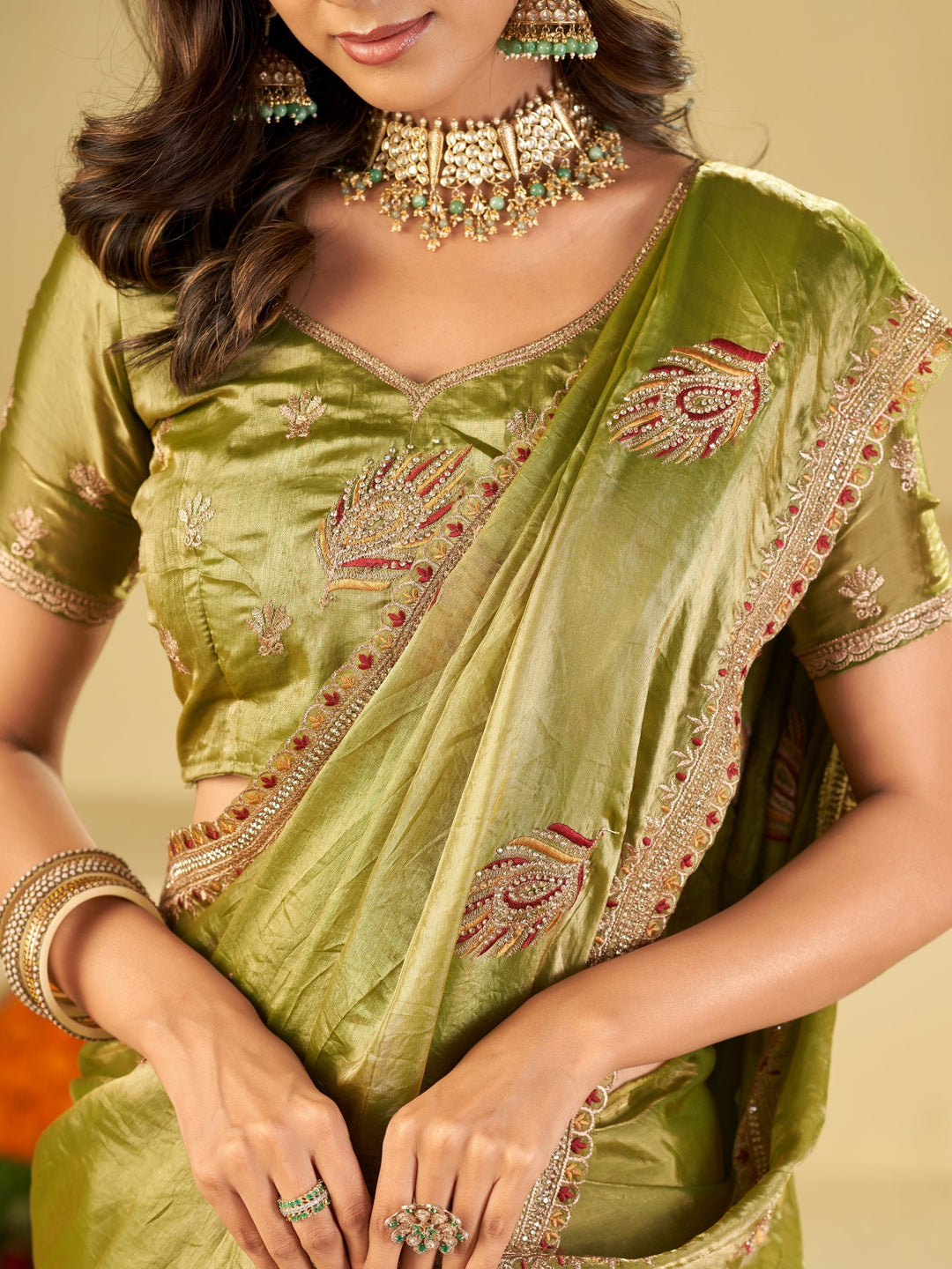 Olive Green Designer Fendy Satin Saree with Embroidered Leaf Motifs & Elegant Lace Border | Premium Festive Party Wear Saree with Matching Blouse