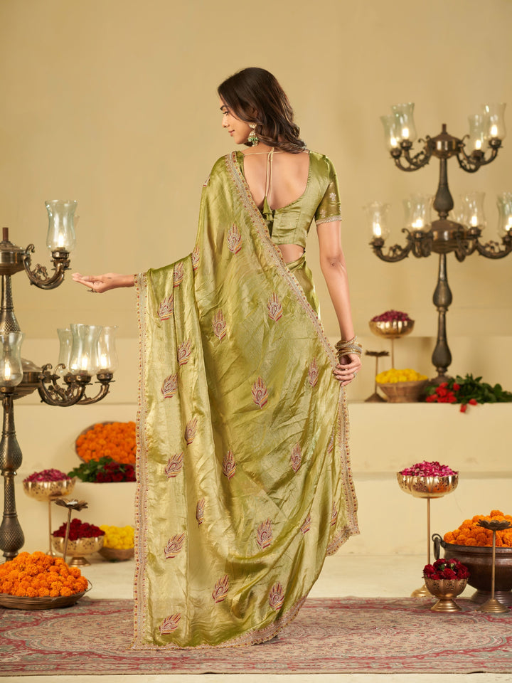 Olive Green Designer Fendy Satin Saree with Embroidered Leaf Motifs & Elegant Lace Border | Premium Festive Party Wear Saree with Matching Blouse