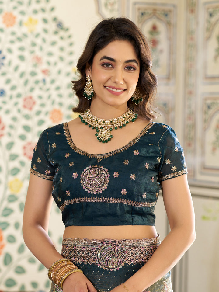 Teal Green Fendy Satin Designer Embroidered Saree with Paisley Motifs & Zari Border | Premium Festive Saree with Tassels & Heavy Embroidered Blouse